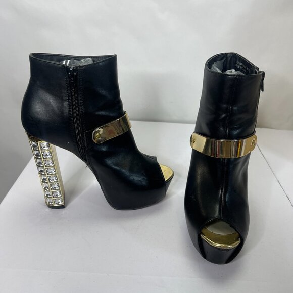 Crystal Platform Boots Block Heel Gold Vegan Leather Platform Stiletto Size 8 - Picture 4 of 7